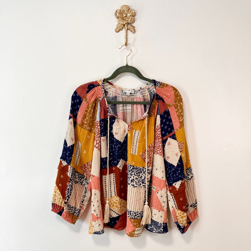 Patchwork Gauze Tassel Peasant Top M 100% Cotton Cottagecore Boho Festival Indie